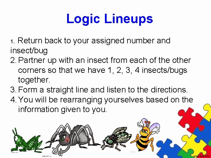 Logic Lineups Return back to your assigned number and insect/bug 2. Partner up with