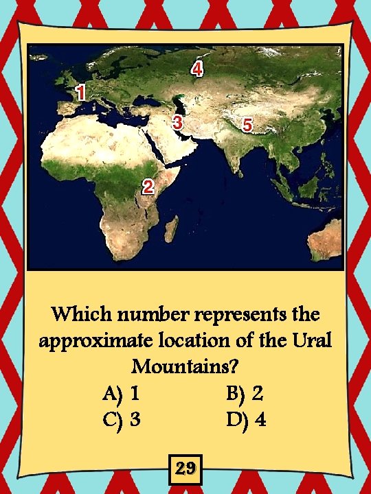 Which number represents the approximate location of the Ural Mountains? A) 1 B) 2