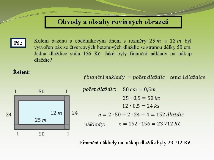 Obvody a obsahy rovinných obrazců Př. : Řešení: Finanční náklady na nákup dlaždic byly