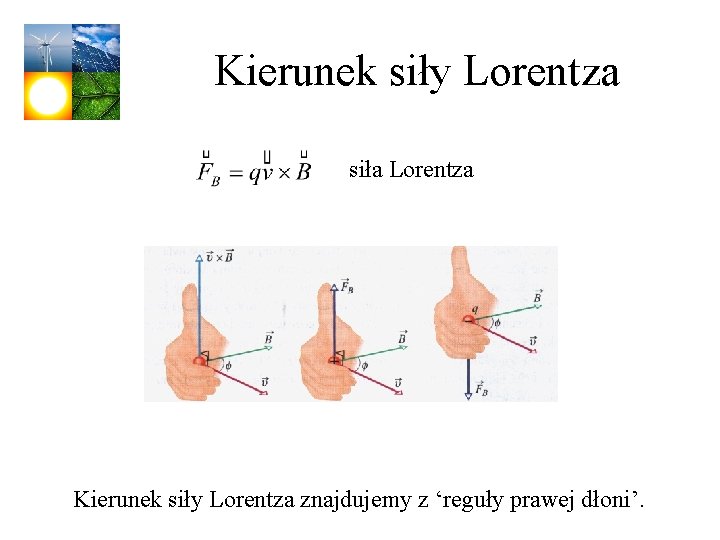 Kierunek siły Lorentza siła Lorentza Kierunek siły Lorentza znajdujemy z ‘reguły prawej dłoni’. 