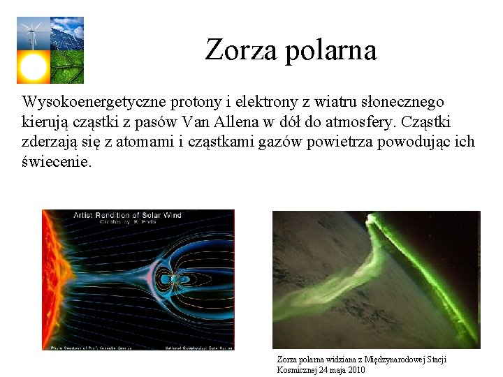 Zorza polarna Wysokoenergetyczne protony i elektrony z wiatru słonecznego kierują cząstki z pasów Van