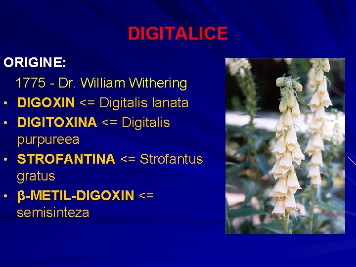 DIGITALICE ORIGINE: 1775 - Dr. William Withering • DIGOXIN <= Digitalis lanata • DIGITOXINA DIGITALICE ORIGINE: 1775 - Dr. William Withering • DIGOXIN <= Digitalis lanata • DIGITOXINA