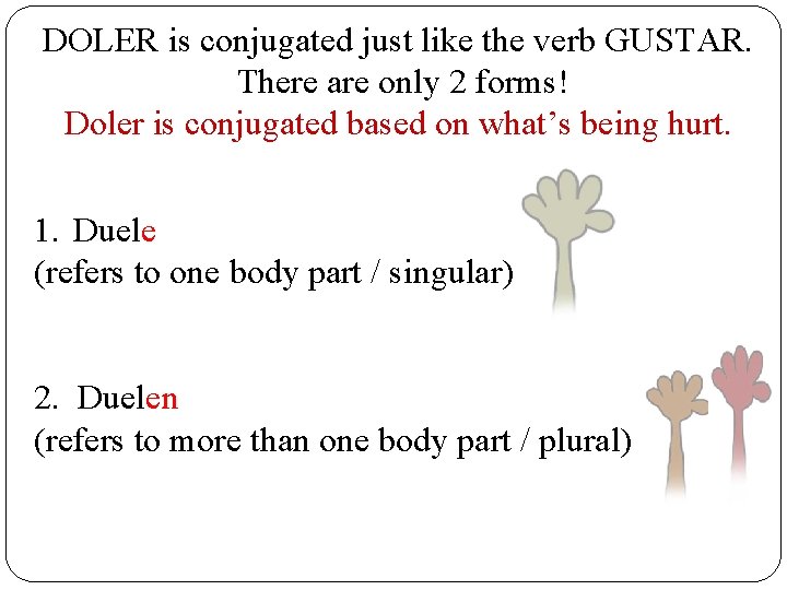 DOLER is conjugated just like the verb GUSTAR. There are only 2 forms! Doler