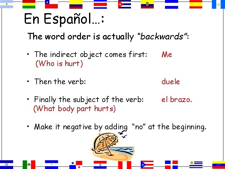 En Español…: The word order is actually “backwards”: • The indirect object comes first: