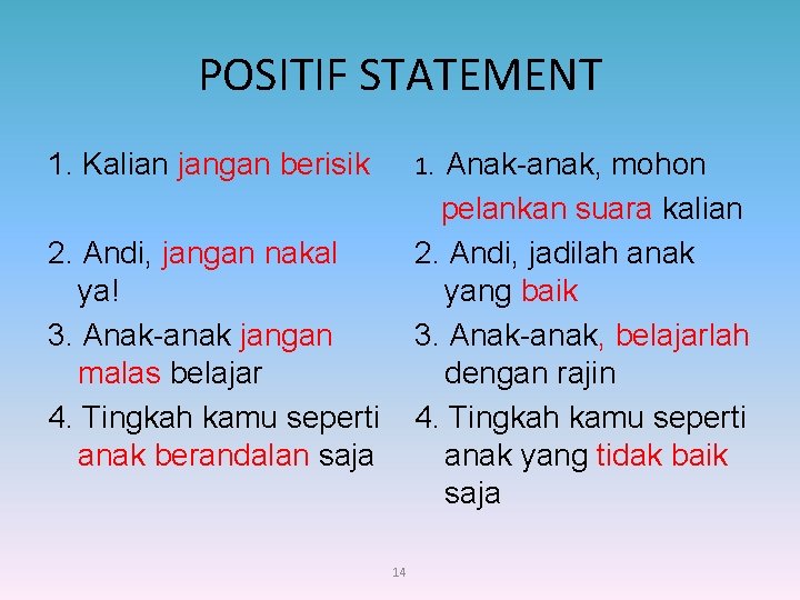 POSITIF STATEMENT 1. Kalian jangan berisik 1. Anak-anak, mohon 2. Andi, jangan nakal ya!