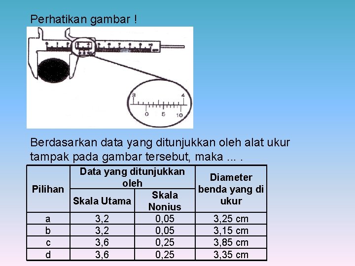 Perhatikan gambar ! Berdasarkan data yang ditunjukkan oleh alat ukur tampak pada gambar tersebut,