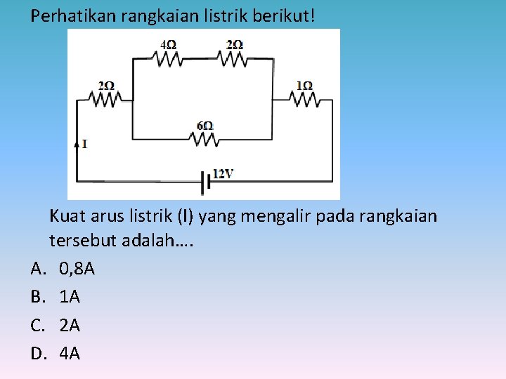 Perhatikan rangkaian listrik berikut! Kuat arus listrik (I) yang mengalir pada rangkaian tersebut adalah….