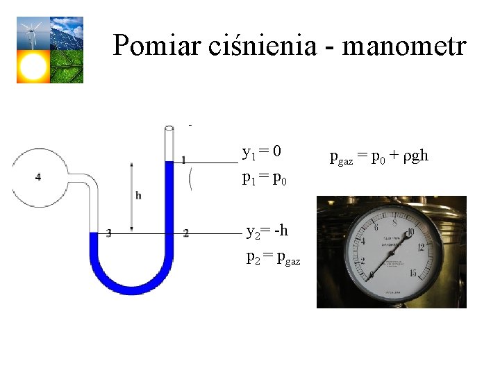 Pomiar ciśnienia - manometr y 1 = 0 p 1 = p 0 y