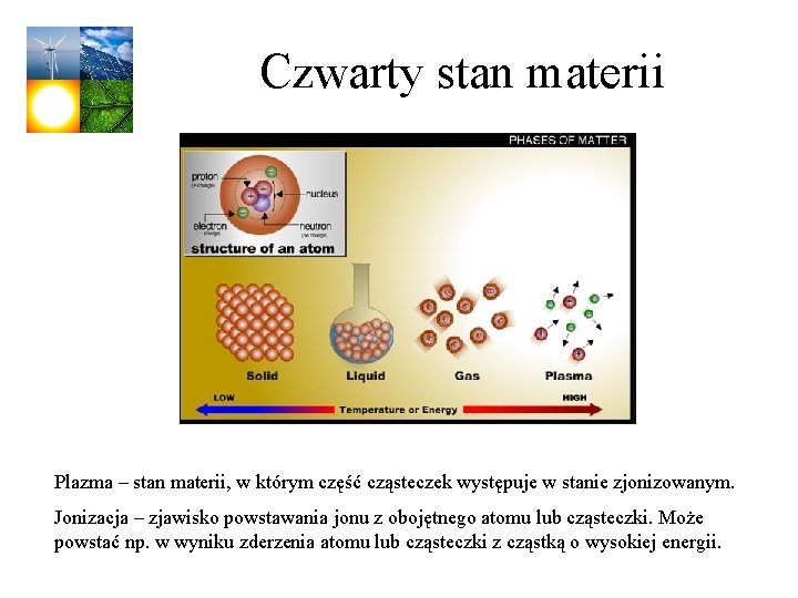 Czwarty stan materii Plazma – stan materii, w którym część cząsteczek występuje w stanie