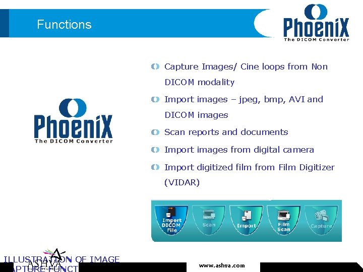 Functions Capture Images/ Cine loops from Non DICOM modality Import images – jpeg, bmp,