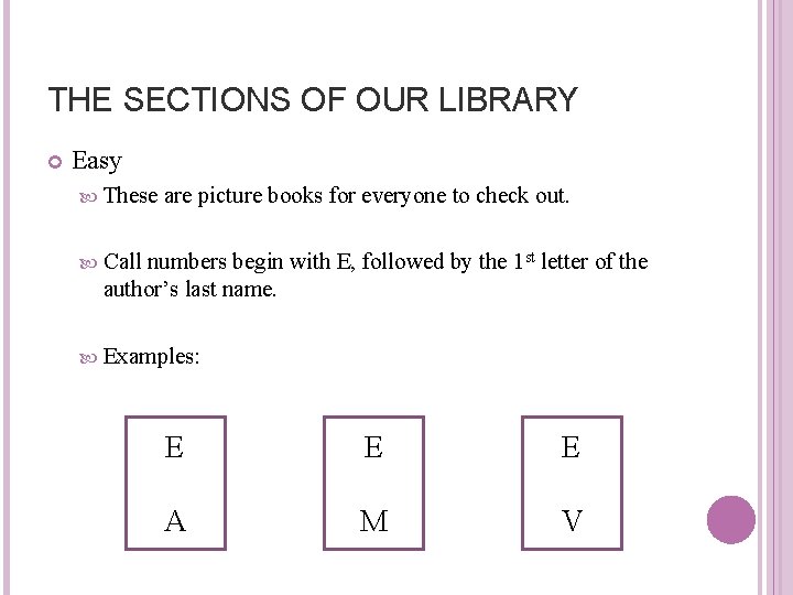 THE SECTIONS OF OUR LIBRARY Easy These are picture books for everyone to check