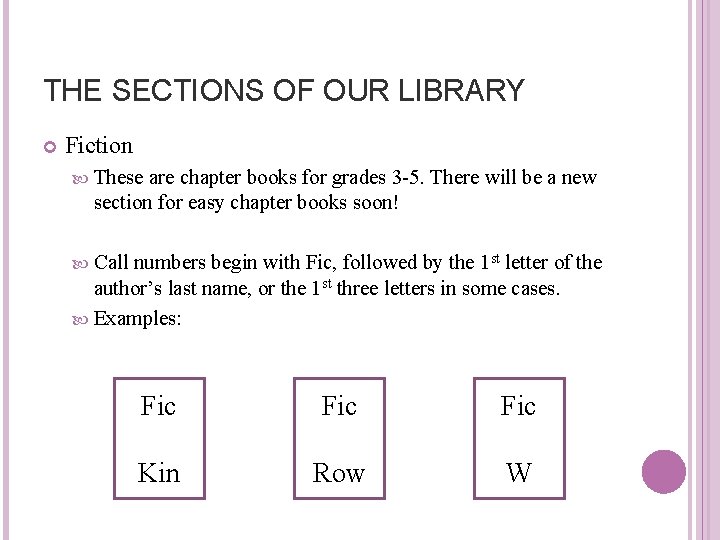THE SECTIONS OF OUR LIBRARY Fiction These are chapter books for grades 3 -5.
