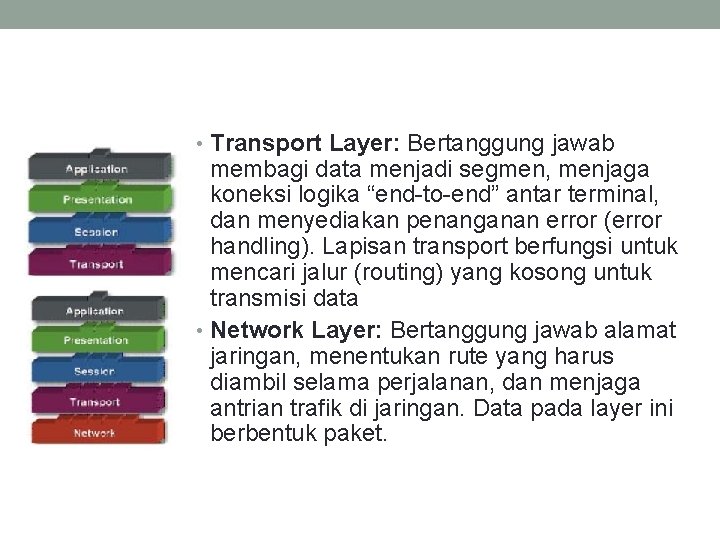  • Transport Layer: Bertanggung jawab membagi data menjadi segmen, menjaga koneksi logika “end-to-end”