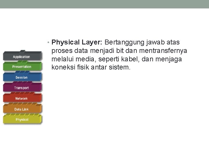  • Physical Layer: Bertanggung jawab atas proses data menjadi bit dan mentransfernya melalui