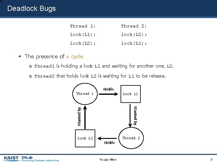 Deadlock Bugs Thread 1: Thread 2: lock(L 1); lock(L 2); lock(L 1); The presence