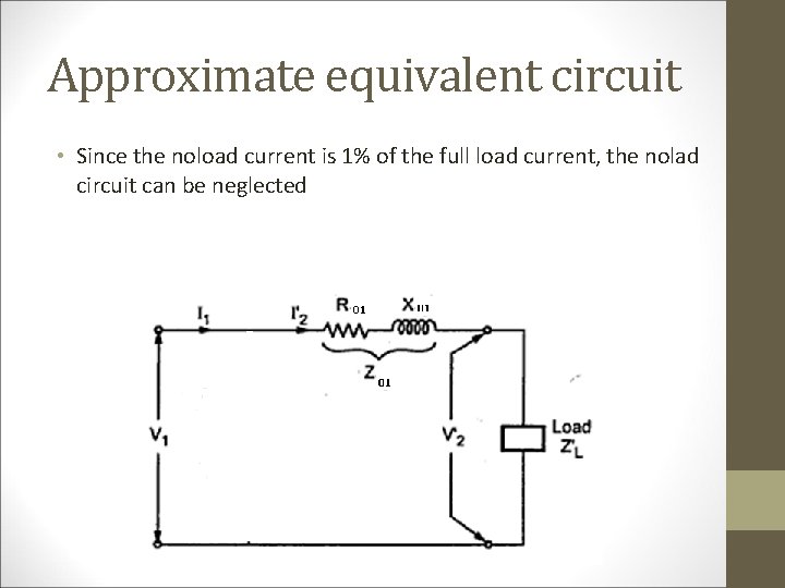 Approximate equivalent circuit • Since the noload current is 1% of the full load