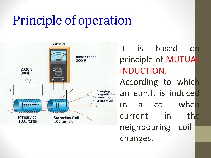 Principle of operation It is based on principle of MUTUAL INDUCTION. According to which