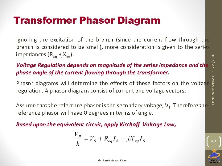 Transformer Phasor Diagram Electrical Machines Voltage Regulation depends on magnitude of the series impedance