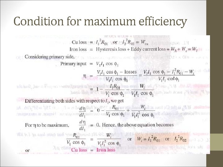 Condition for maximum efficiency 