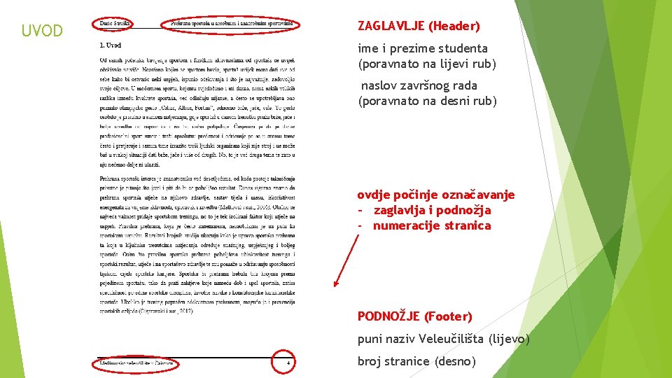 UVOD ZAGLAVLJE (Header) ime i prezime studenta (poravnato na lijevi rub) naslov završnog rada