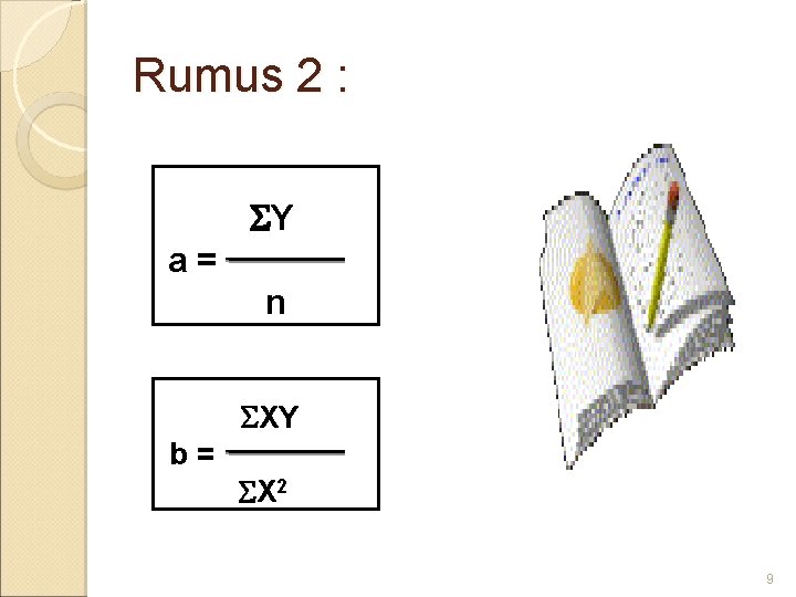 Rumus 2 : Y a= n XY b= X 2 9 