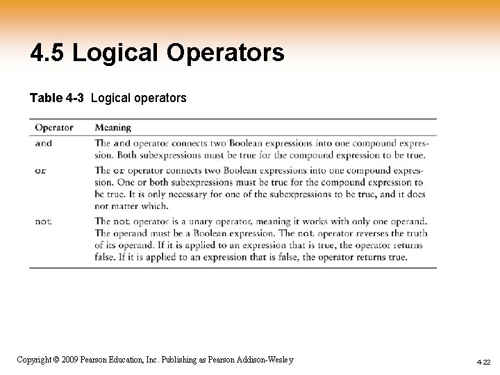 4. 5 Logical Operators Table 4 -3 Logical operators 1 -22 Copyright © 2009