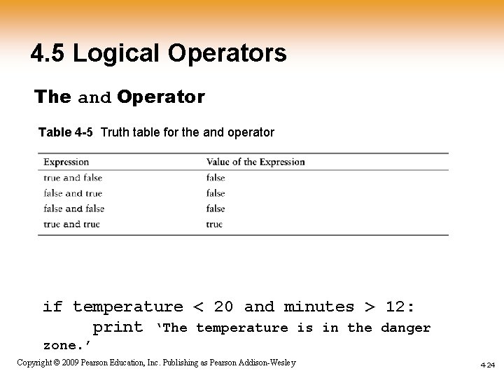 4. 5 Logical Operators The and Operator Table 4 -5 Truth table for the