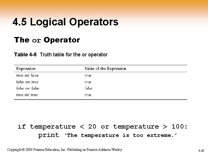 4. 5 Logical Operators The or Operator Table 4 -6 Truth table for the