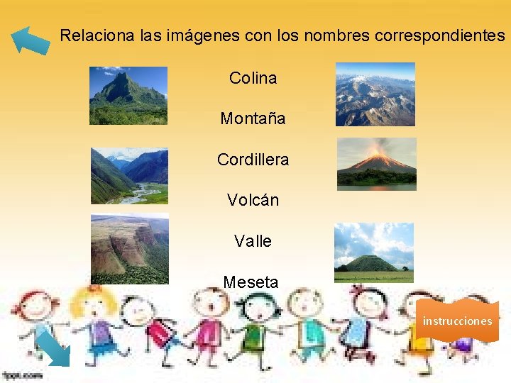 Relaciona las imágenes con los nombres correspondientes Colina Montaña Cordillera Volcán Valle Meseta instrucciones