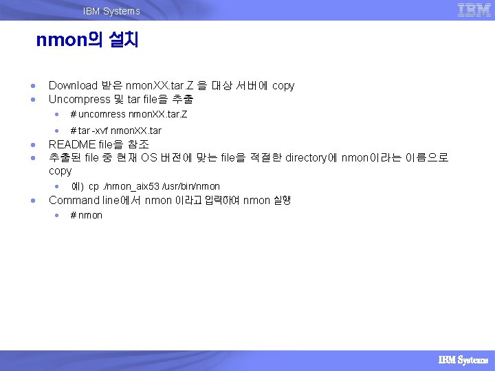 IBM Systems nmon의 설치 Download 받은 nmon. XX. tar. Z 을 대상 서버에 copy