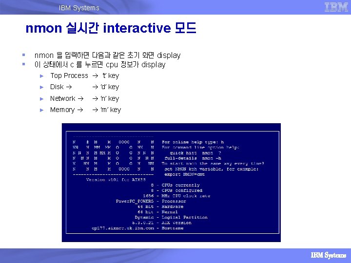IBM Systems nmon 실시간 interactive 모드 § § nmon 을 입력하면 다음과 같은 초기