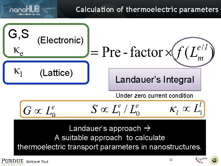 Calculation of thermoelectric parameters G, S κe κl (Electronic) (Lattice) Landauer’s Integral Under zero
