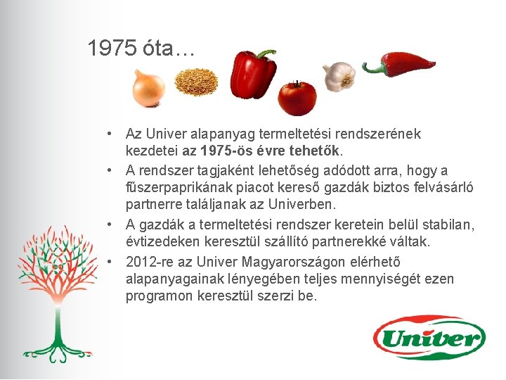 1975 óta… • Az Univer alapanyag termeltetési rendszerének kezdetei az 1975 -ös évre tehetők.