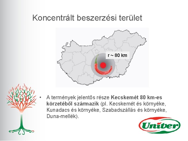 Koncentrált beszerzési terület r ~ 80 km • A termények jelentős része Kecskemét 80