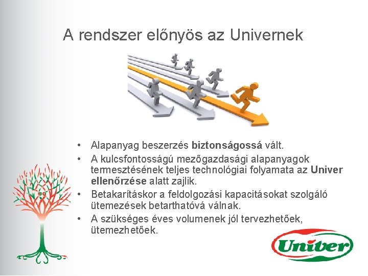 A rendszer előnyös az Univernek • Alapanyag beszerzés biztonságossá vált. • A kulcsfontosságú mezőgazdasági