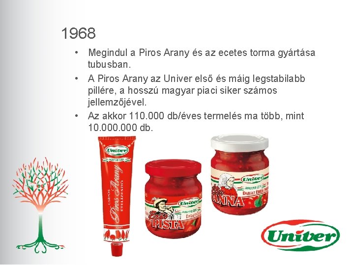 1968 • Megindul a Piros Arany és az ecetes torma gyártása tubusban. • A
