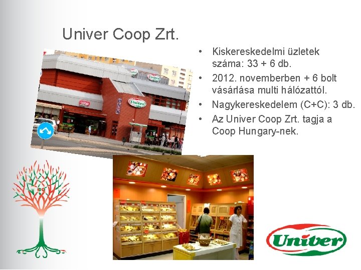 Univer Coop Zrt. • Kiskereskedelmi üzletek száma: 33 + 6 db. • 2012. novemberben