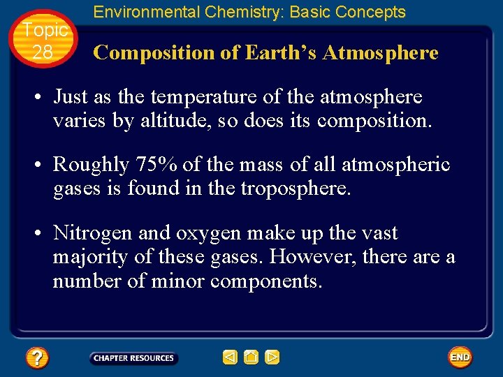 Topic 28 Environmental Chemistry: Basic Concepts Composition of Earth’s Atmosphere • Just as the