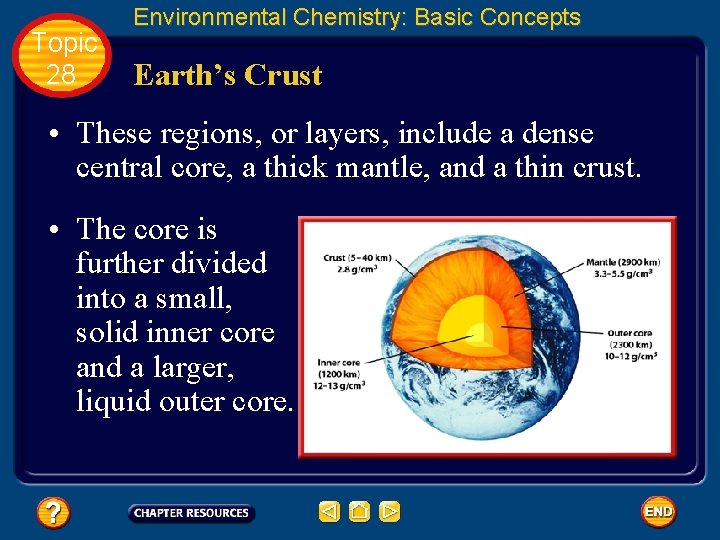 Topic 28 Environmental Chemistry: Basic Concepts Earth’s Crust • These regions, or layers, include