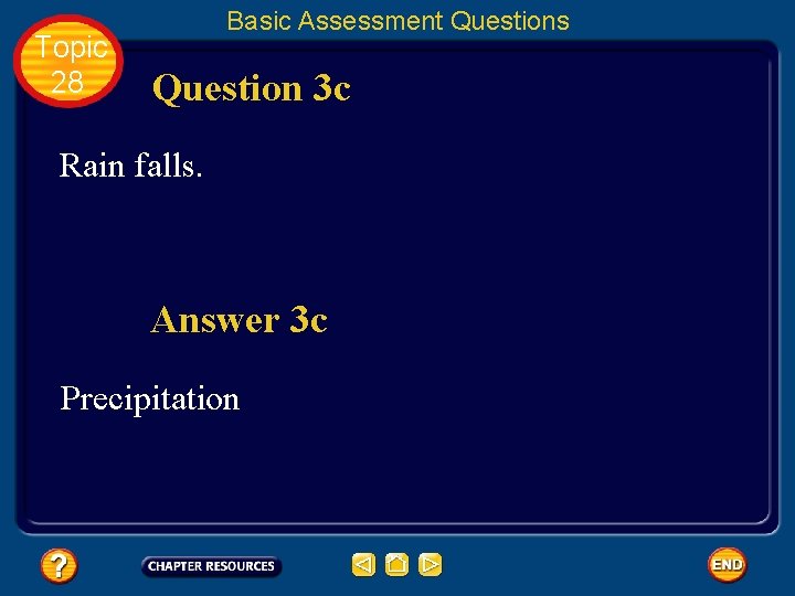 Topic 28 Basic Assessment Questions Question 3 c Rain falls. Answer 3 c Precipitation