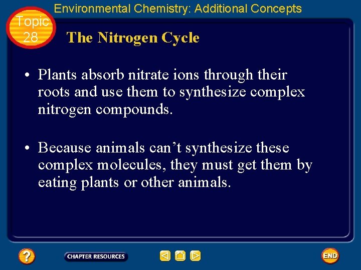 Topic 28 Environmental Chemistry: Additional Concepts The Nitrogen Cycle • Plants absorb nitrate ions