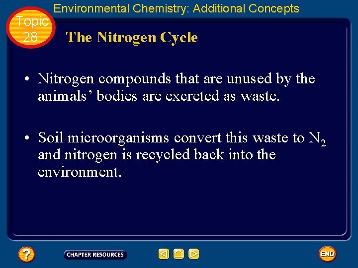 Topic 28 Environmental Chemistry: Additional Concepts The Nitrogen Cycle • Nitrogen compounds that are