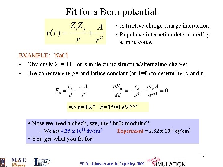 Fit for a Born potential • Attractive charge-charge interaction • Repulsive interaction determined by