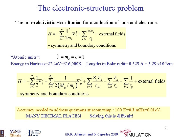 The electronic-structure problem The non-relativistic Hamiltonian for a collection of ions and electrons: “Atomic