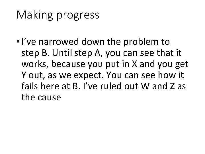 Making progress • I’ve narrowed down the problem to step B. Until step A,