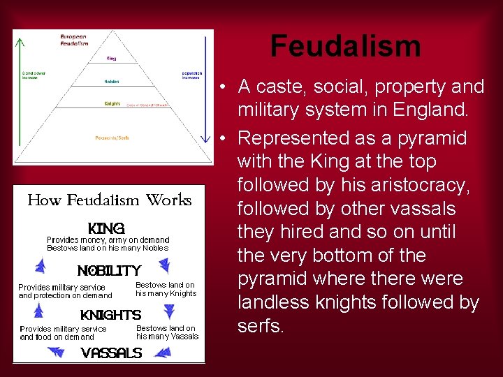 Feudalism • A caste, social, property and military system in England. • Represented as