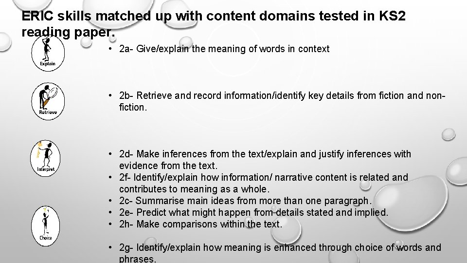 ERIC skills matched up with content domains tested in KS 2 reading paper. •