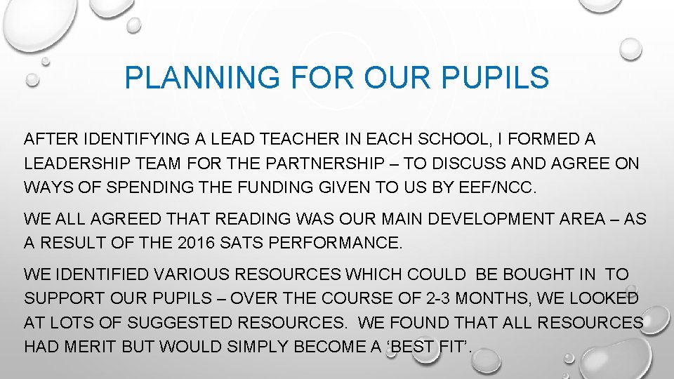 PLANNING FOR OUR PUPILS AFTER IDENTIFYING A LEAD TEACHER IN EACH SCHOOL, I FORMED