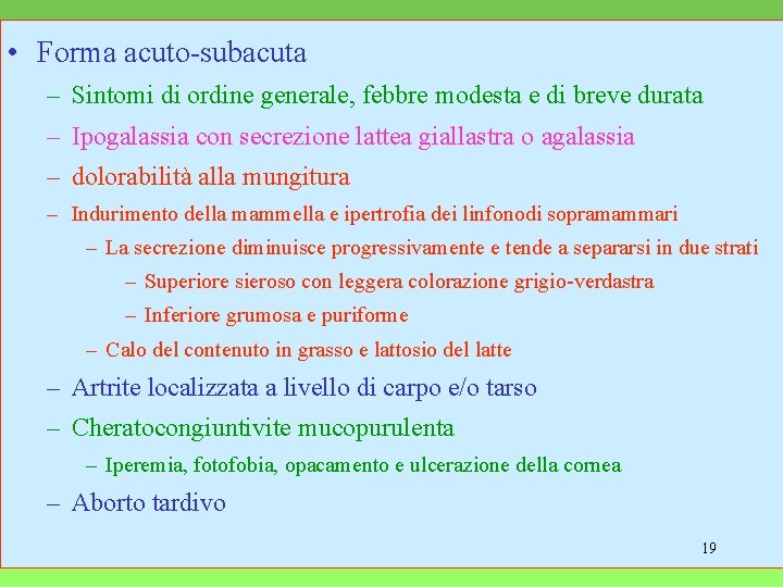  • Forma acuto-subacuta – Sintomi di ordine generale, febbre modesta e di breve