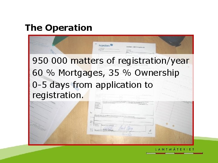 The Operation 950 000 matters of registration/year 60 % Mortgages, 35 % Ownership 0